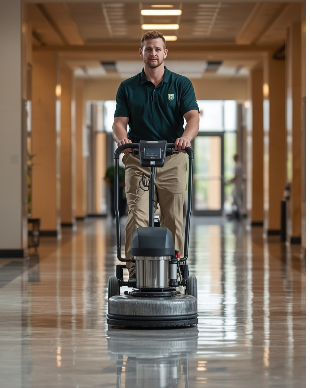 TGC technician operating floor buffing machine