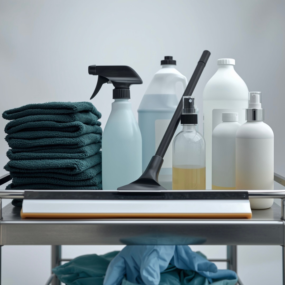Professional cleaning supplies and equipment cart